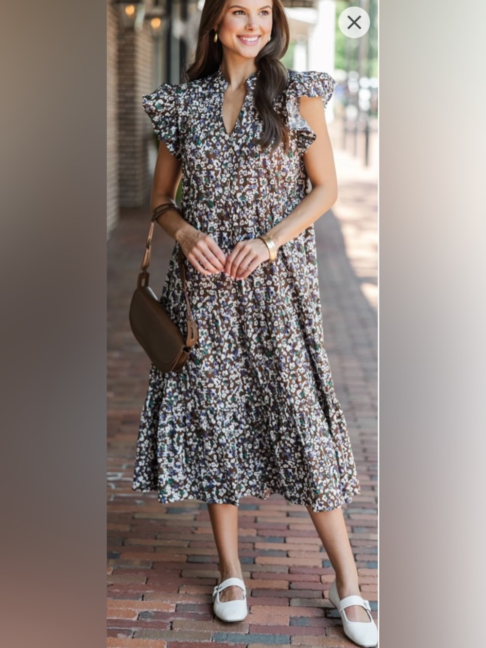 Brown Floral Tiered Midi Dress